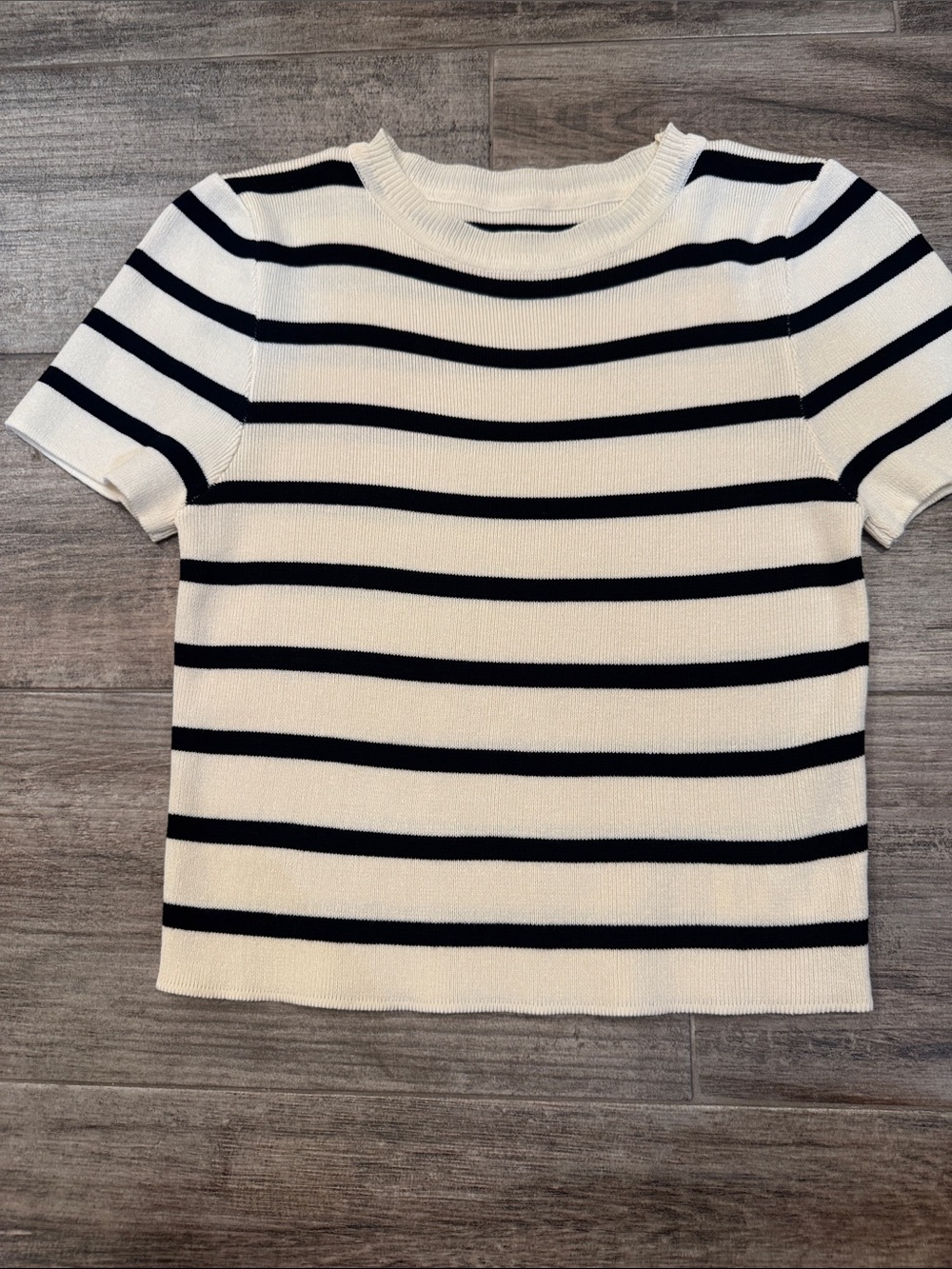 SHEIN Cream and Black Striped Knit Short Sleeve Sweater